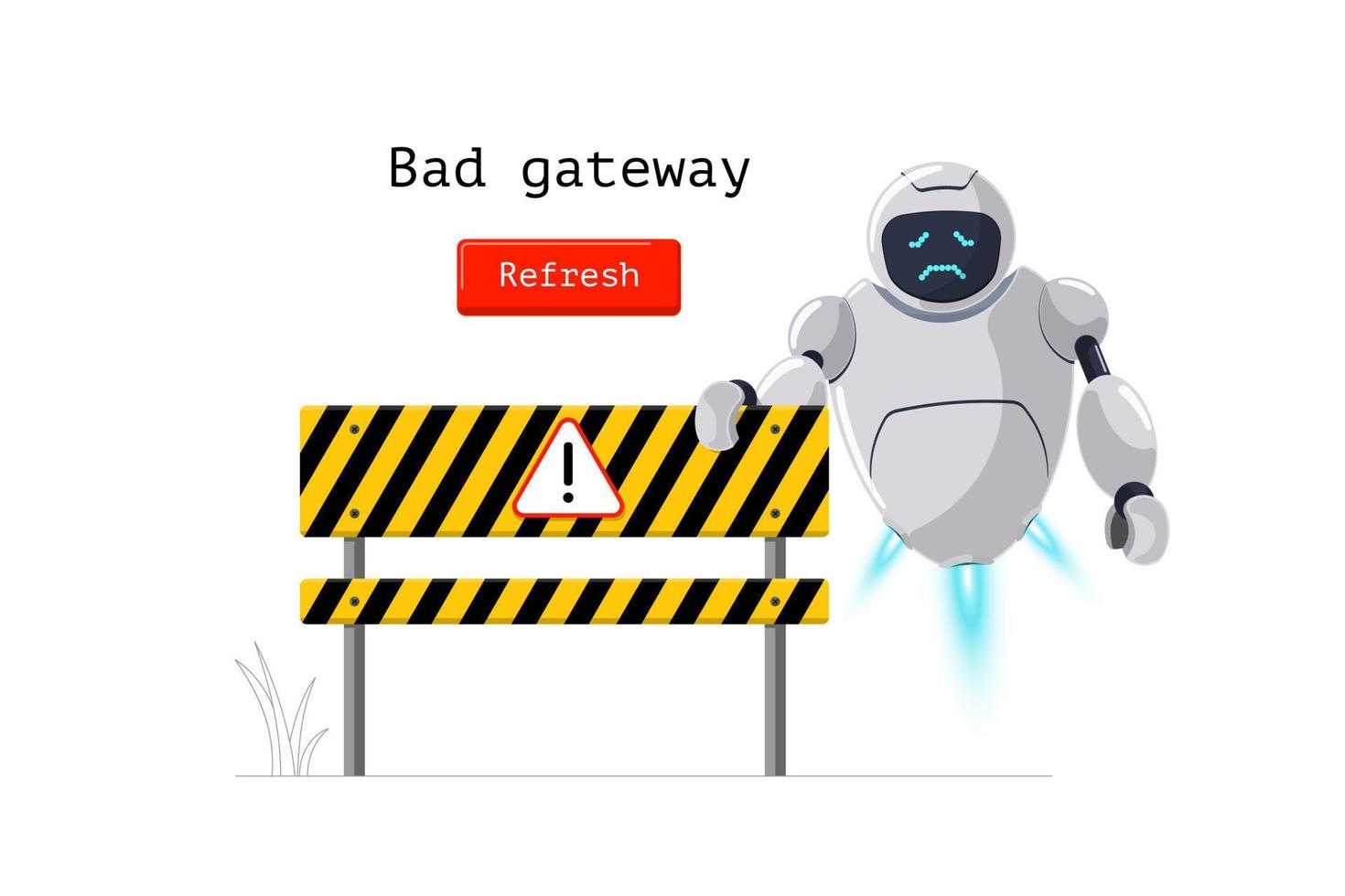 slechte gateway-websitepagina. http-foutstatuscode 502. verkeerd internetresultaat met oeps bezorgde robotkarakterbanner. chatbot-mascotte op webontwerpsjabloon. https mislukken vector illustratie eps concept