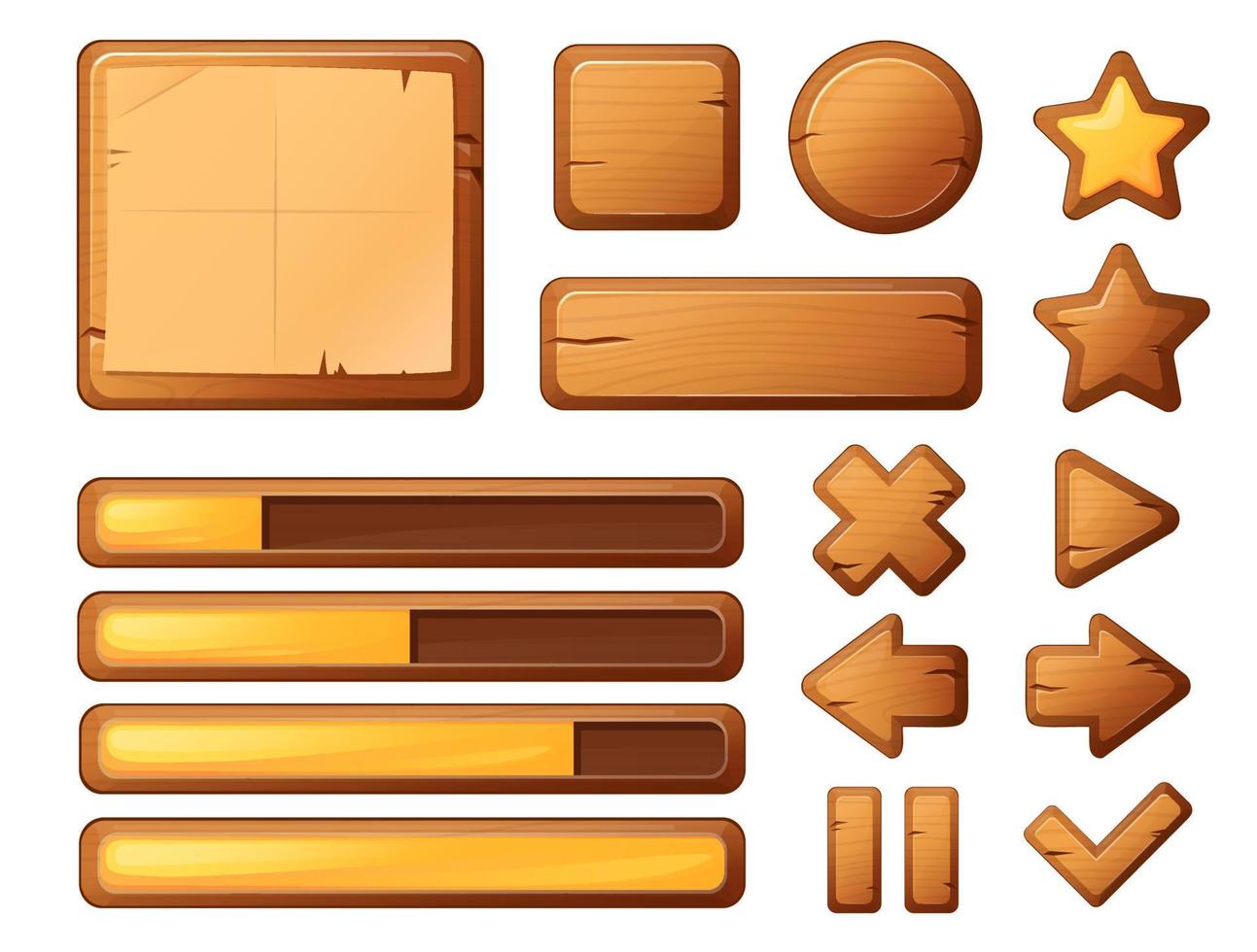 houten knoppen voor de gebruikersinterface van het spel, gebruikersinterface-elementen geïsoleerd op een witte achtergrond. cartoon vectorillustratie. vector