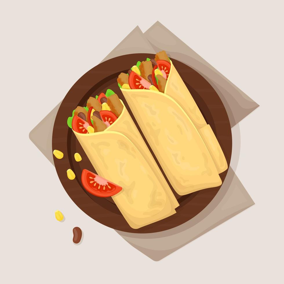 burrito, fastfood-menusnack, döner, shoarma vectorsnacksandwich. fastfoodrestaurant, streetfood bezorging en afhaalmaaltijden, mexicaanse burrito roll, gyros of shoarma döner sandwich vector
