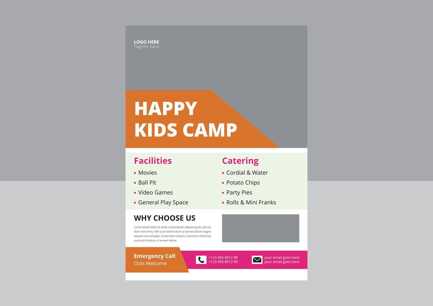 happy kids kamp flyer ontwerp. zomer kinderkamp flyer posterontwerp. omslag, folder, flyer, sjabloonontwerp. vector