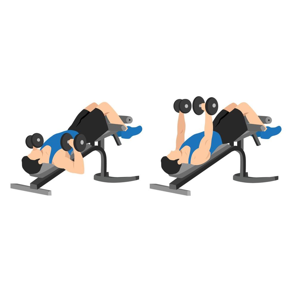 man doet daling bank dumbbell press. platte vectorillustratie geïsoleerd op een witte achtergrond vector