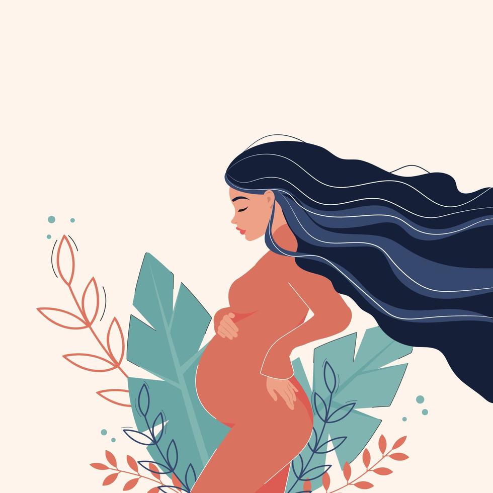 een moderne illustratie van zwangerschap en moederschap. een mooi zwanger meisje lacht en houdt haar buik tegen een achtergrond van abstracte bladeren. vector
