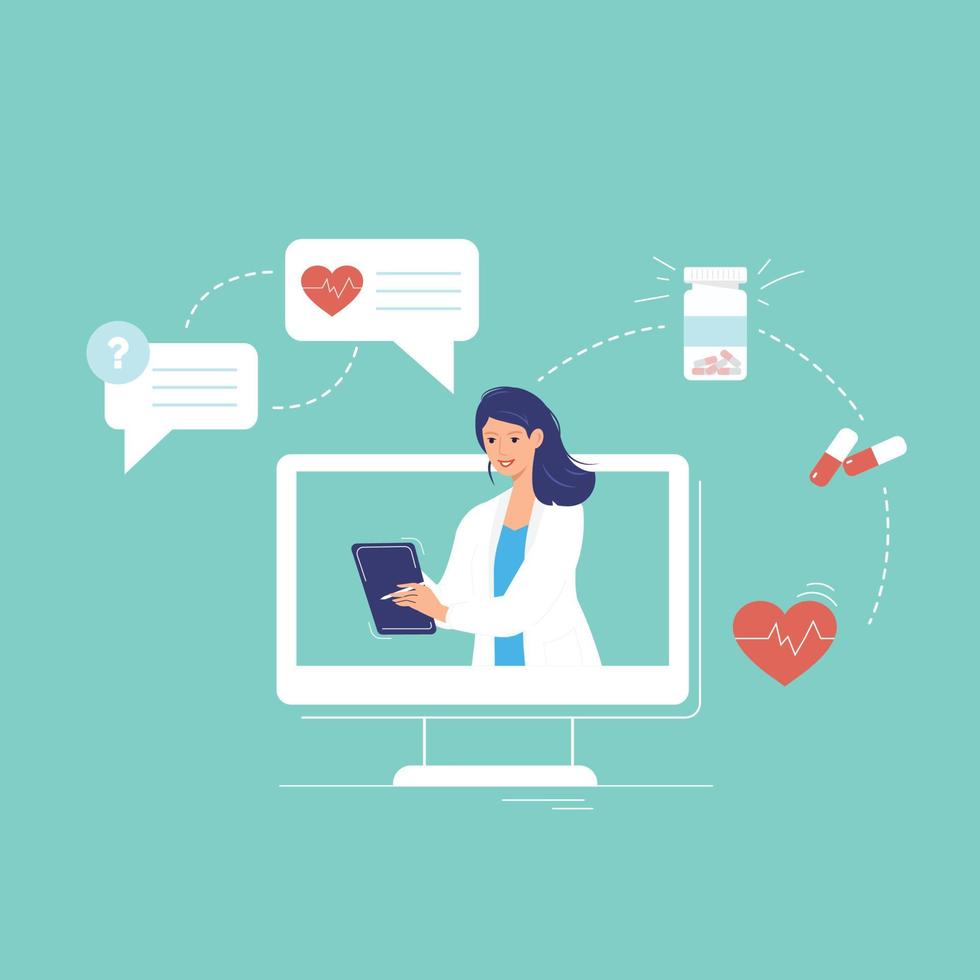 illustratie met een arts op een monitor die de behandeling diagnosticeert en voorschrijft. het concept van online geneeskunde. online consult met een arts. vector
