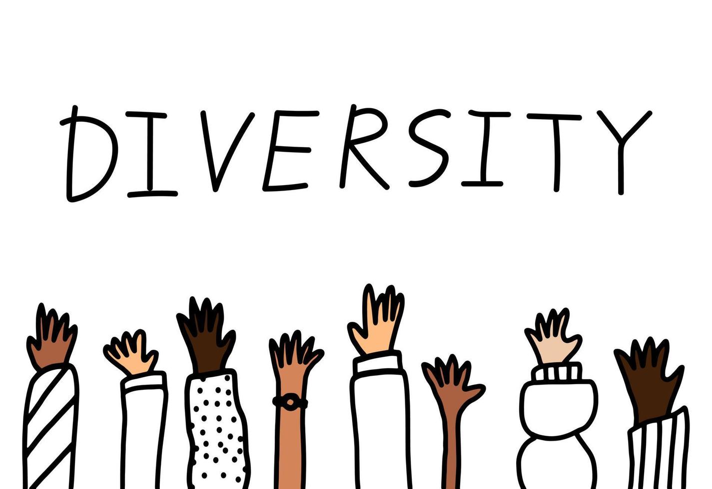 diversiteit concept vectorillustratie geïsoleerd op een witte achtergrond. doodle tekening, handen opgewekt met verschillende huidskleur. vector