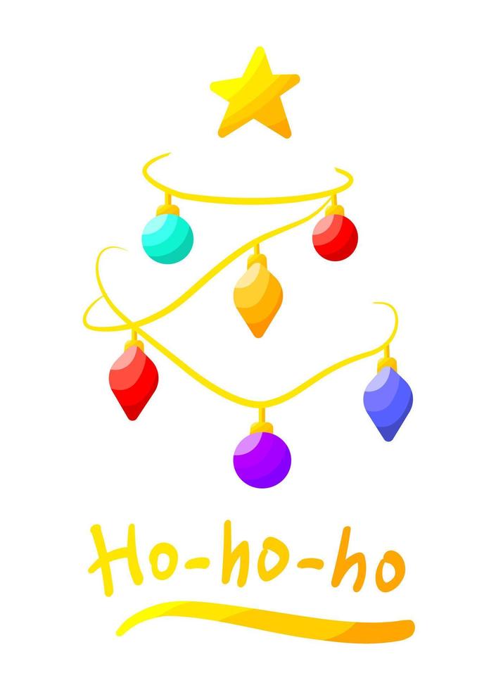 ho ho ho merry christmas wenskaartsjabloon geïsoleerd op een witte achtergrond. vector abstracte kerstboom met slinger ans speelgoed ballen. kleurrijke wintervakantie viering banner.