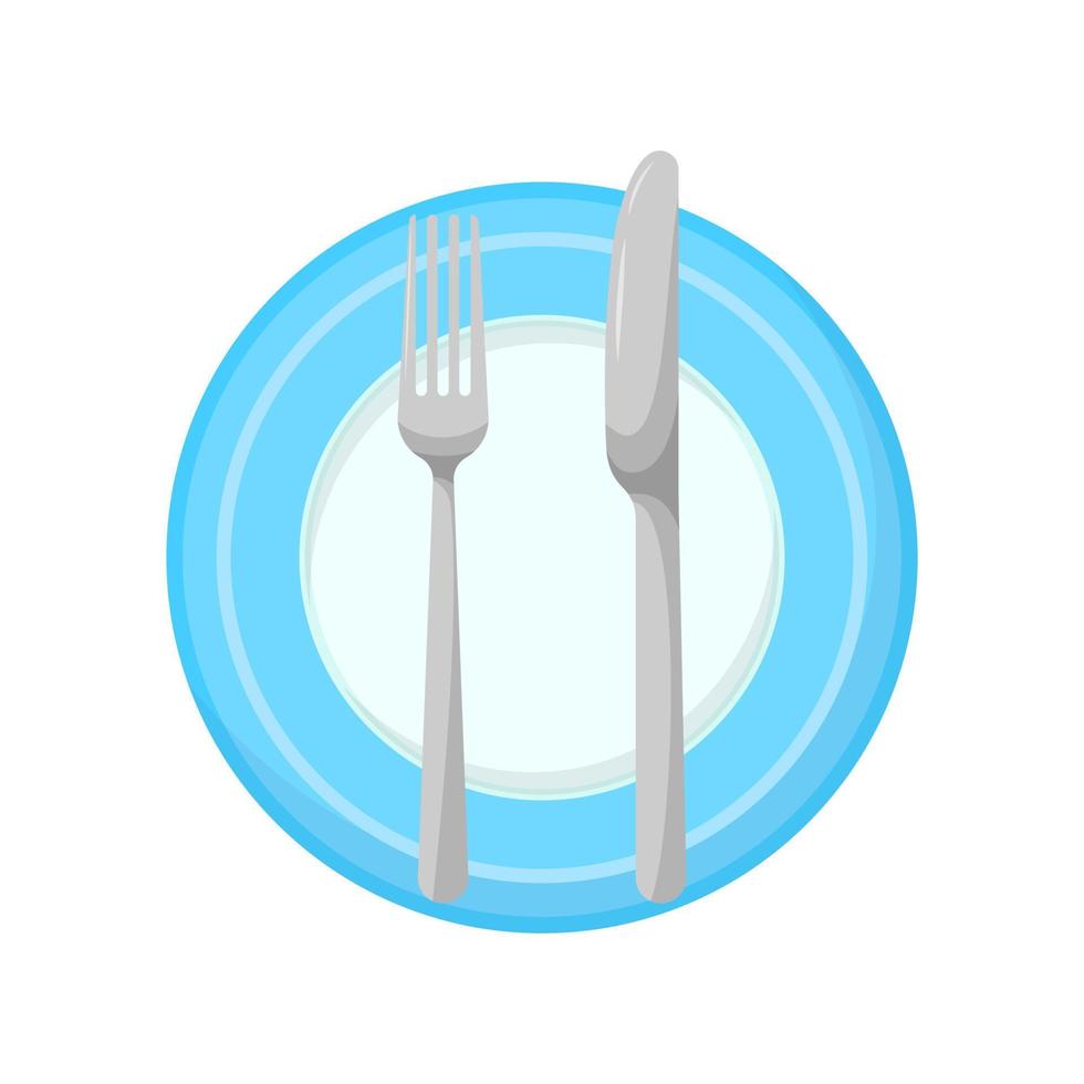 mes en vork op een plaat geïsoleerd op een witte achtergrond pictogram. cartoon zilveren keuken eetgerei. tafel afspraken concept. vlakke stijl vectorillustratie. vector