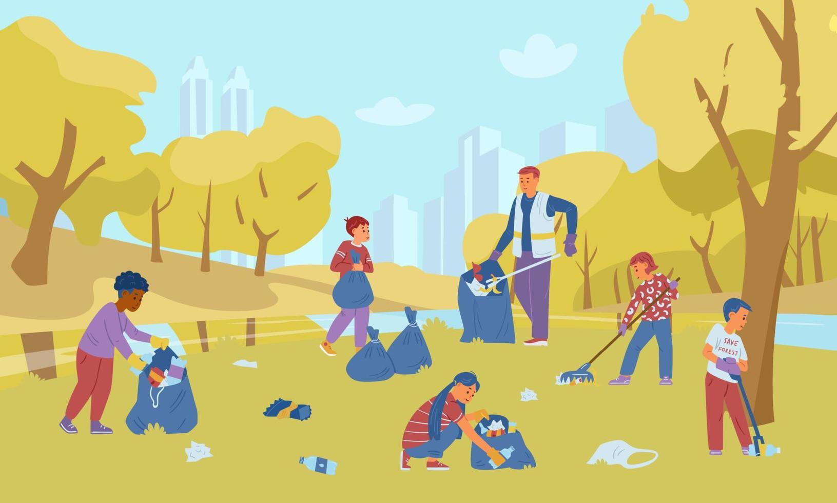 groep kinderen vrijwilligers met een volwassene die afval verzamelt in het herfstpark. vectorillustratie. vector