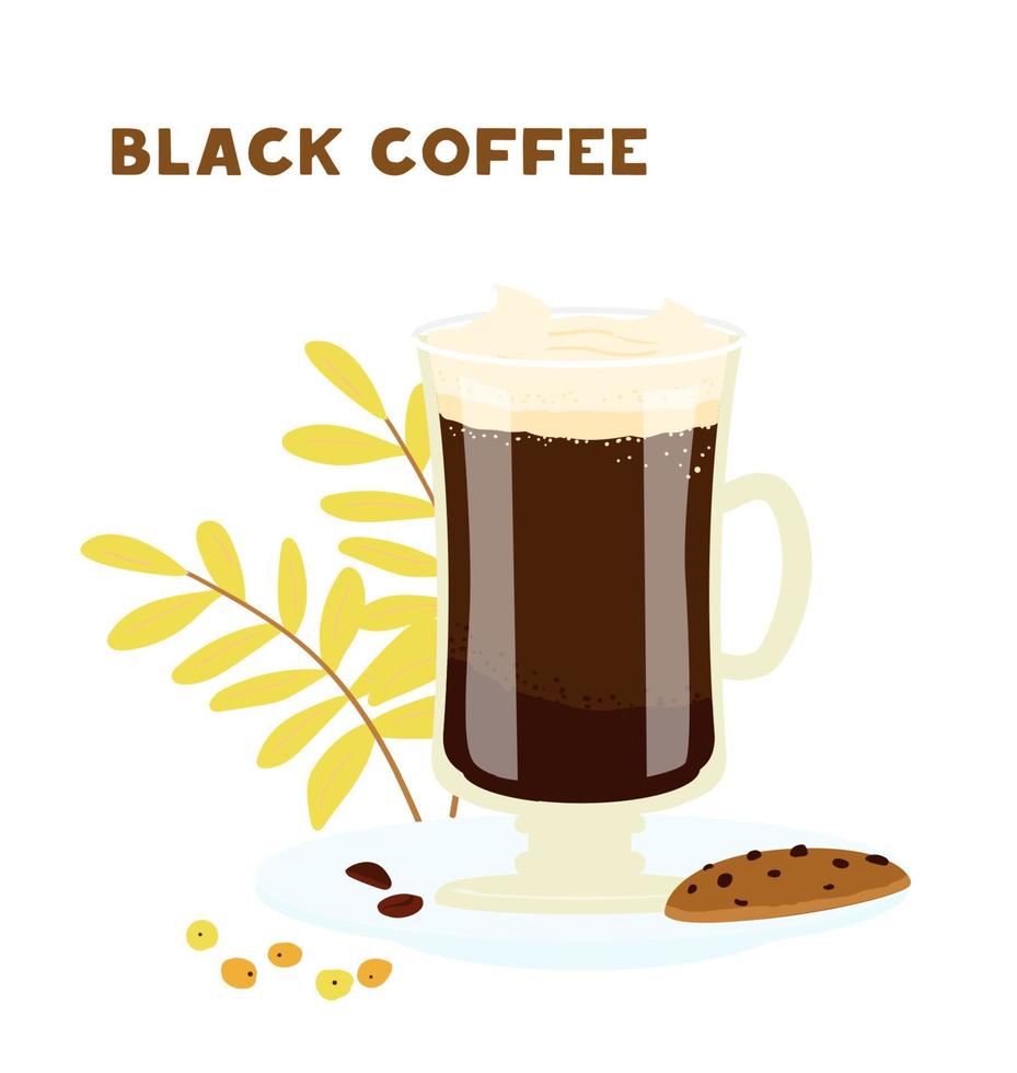 zwarte koffie in hoge glazen beker vectorillustratie. warme drank. geïsoleerd op wit. vector