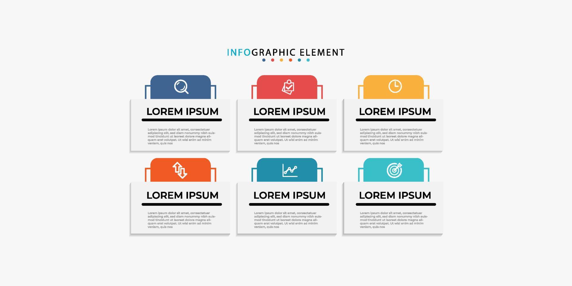 moderne vector infographic zakelijke ontwerpsjabloon met pictogrammen en 6 opties of stappen. kan worden gebruikt voor procesdiagram, presentaties, workflowlay-out, banner, stroomschema, infografiek. eps10