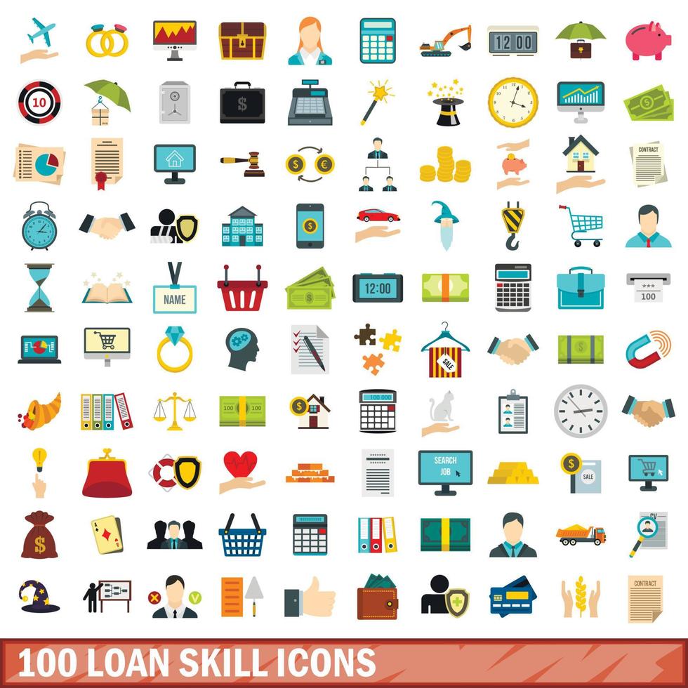 100 lening vaardigheid iconen set, vlakke stijl vector