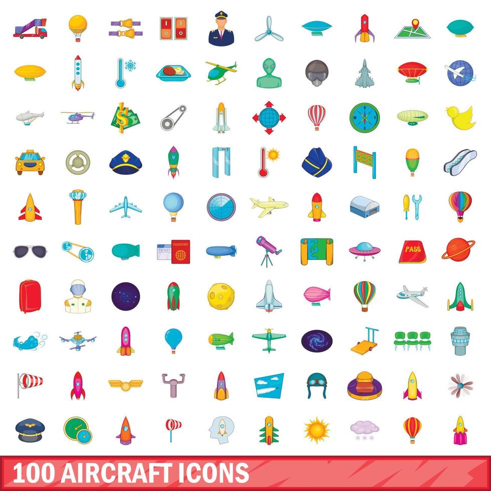 100 vliegtuigen iconen set, cartoon stijl vector