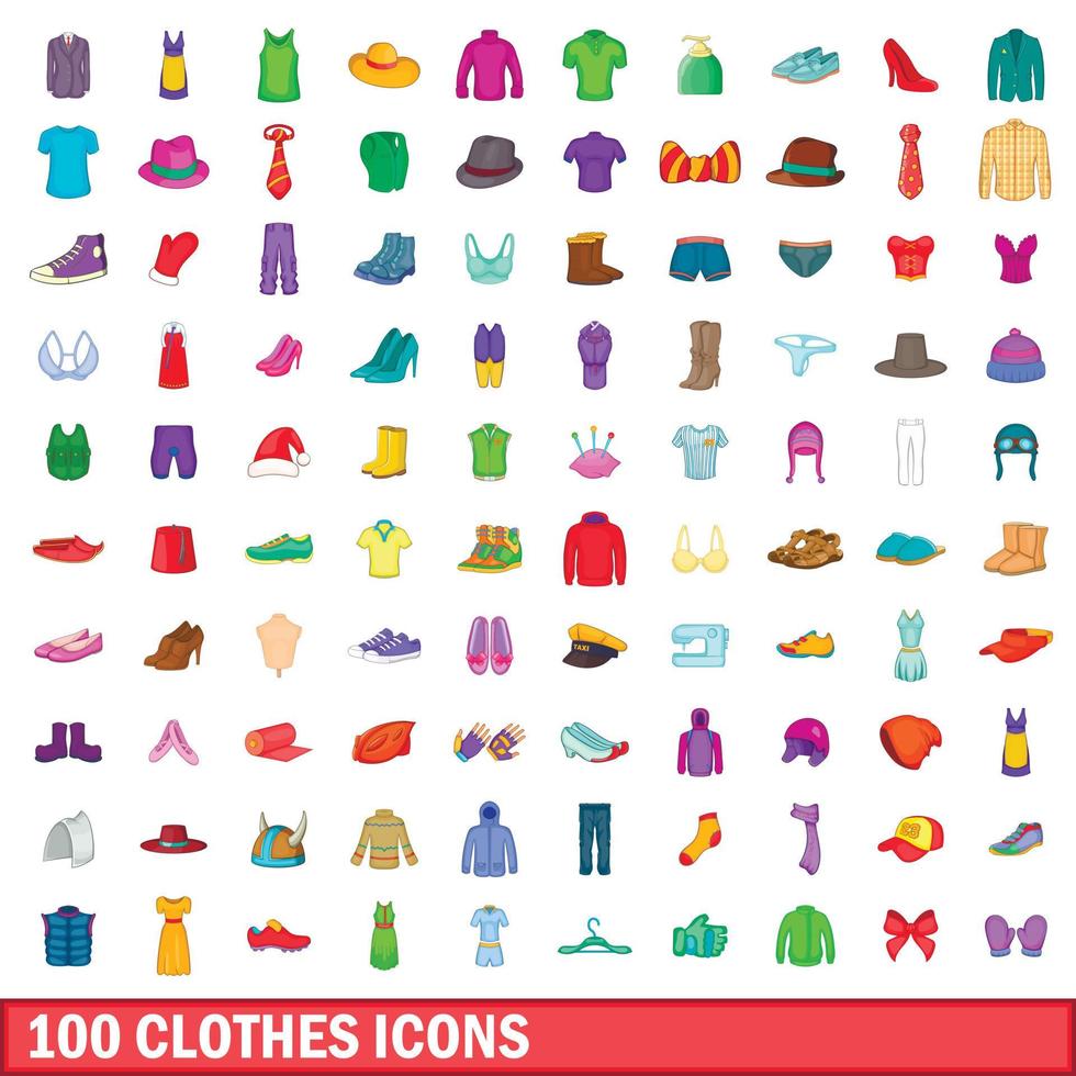 100 kleding iconen set, cartoon stijl vector