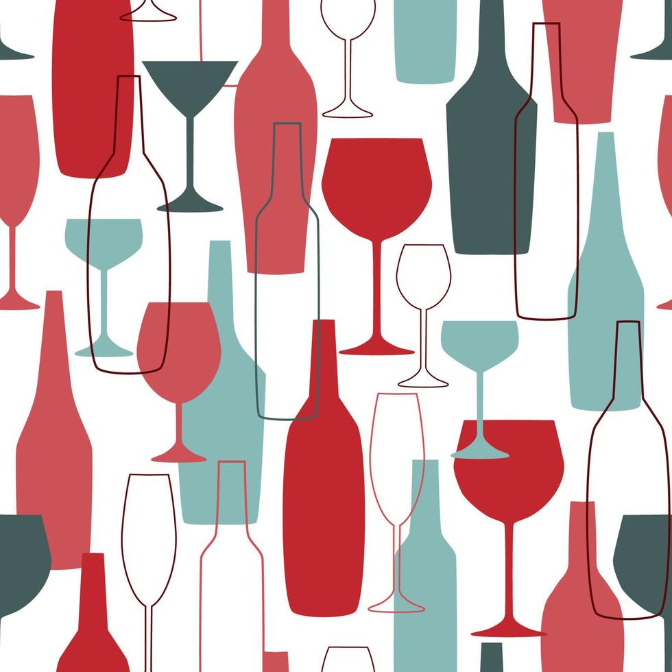 abstract eigentijds naadloos patroon met wijnglazen en flessen van verschillende vormen. transparant drinkgerei. vectorafbeeldingen. vector