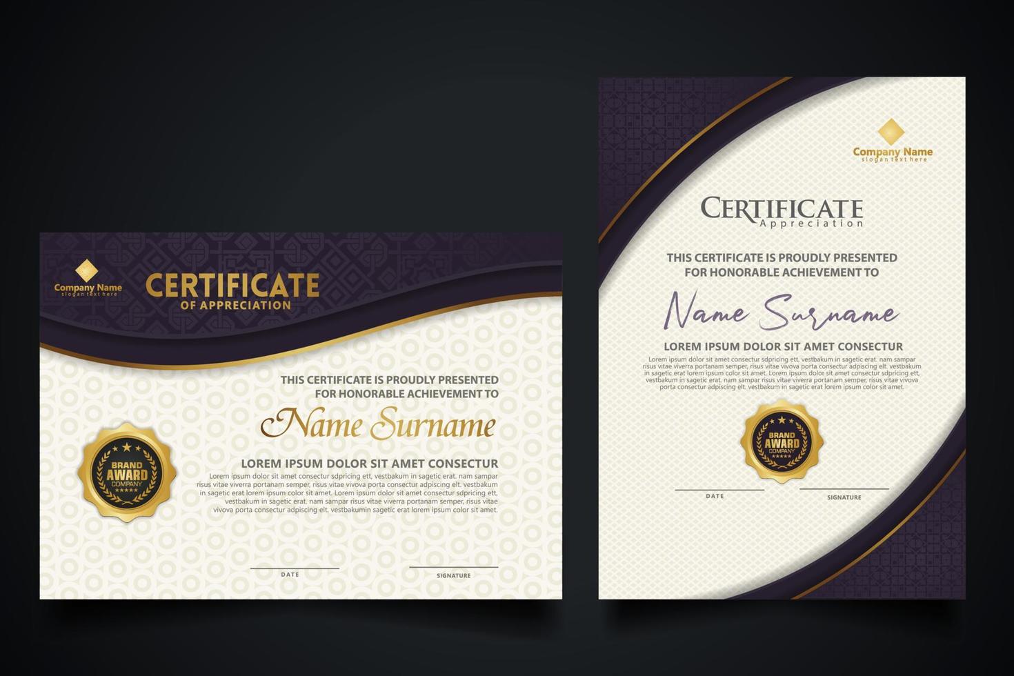 luxe certificaatsjabloon met elegant hoekframe en realistisch structuurpatroon, diploma vectorillustratie vector