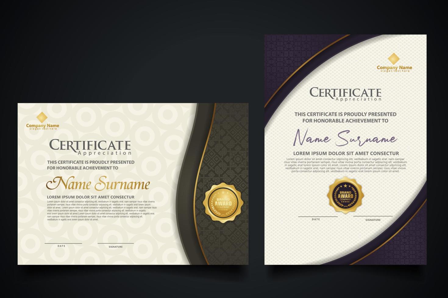 luxe certificaatsjabloon met elegant hoekframe en realistisch structuurpatroon, diploma vectorillustratie vector