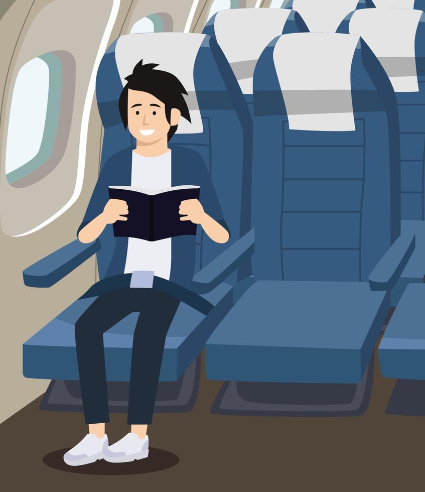 Aziatische man leesboek op vliegtuig platte vectorillustratie. vliegtuig stoel gangpad vector