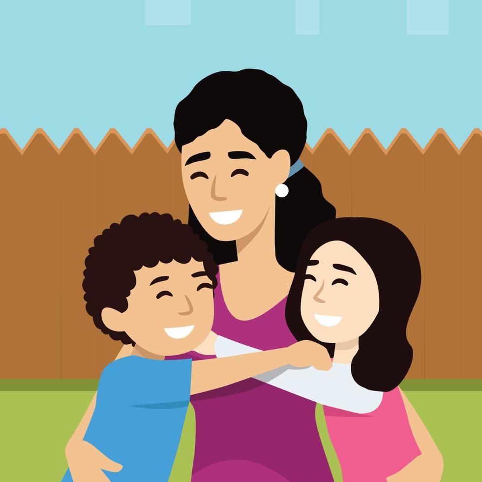 concept van moederdag groet. moeder haar zoon en dochter knuffelen. platte vectorillustratie geïsoleerd op een witte achtergrond vector