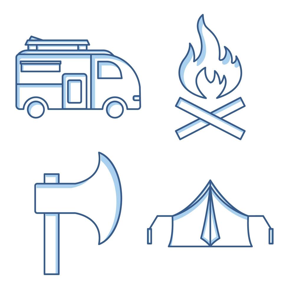 camping ingesteld pictogram. bevat iconen als kampeerauto, vreugdevuur, bijl, tent. tweekleurige pictogramstijl. eenvoudig ontwerp bewerkbaar vector