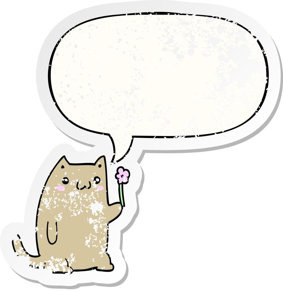 schattige cartoon kat en bloem en tekstballon verontruste sticker vector