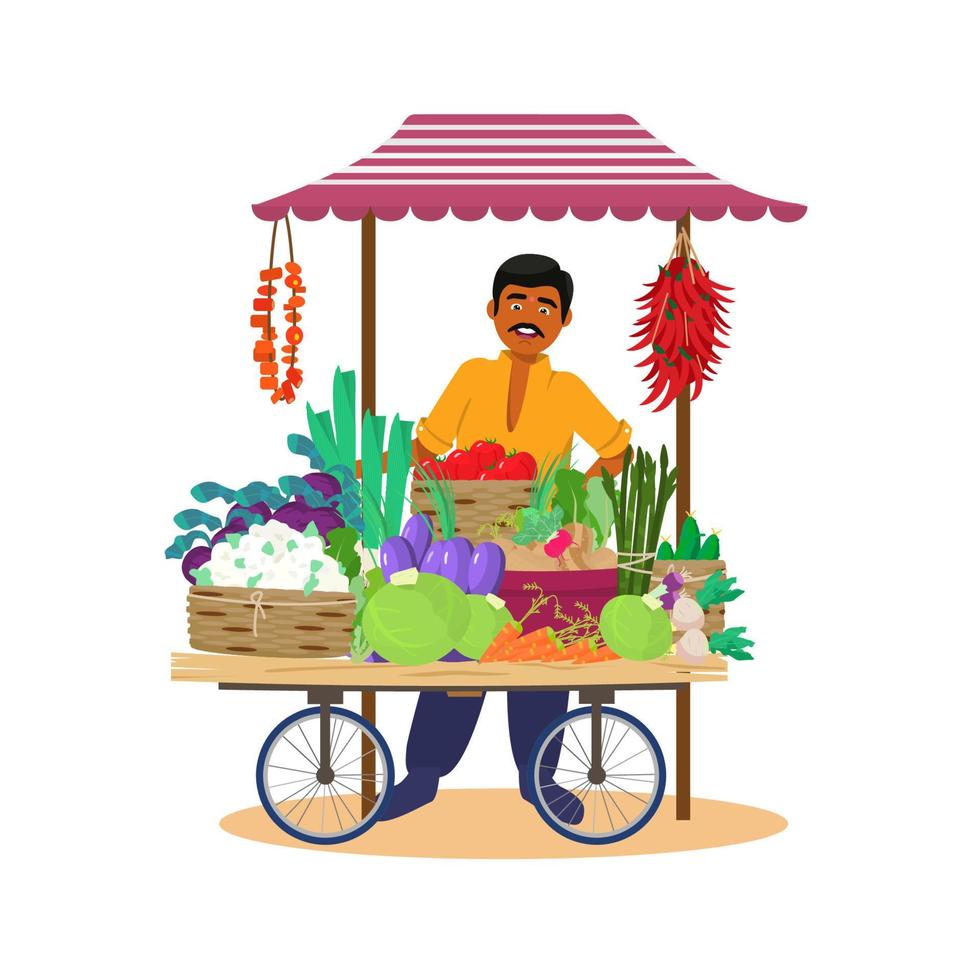 Aziatische koopman die groenten van kar verkoopt. Indiase karakter. geïsoleerd op wit. platte cartoonvector. vector