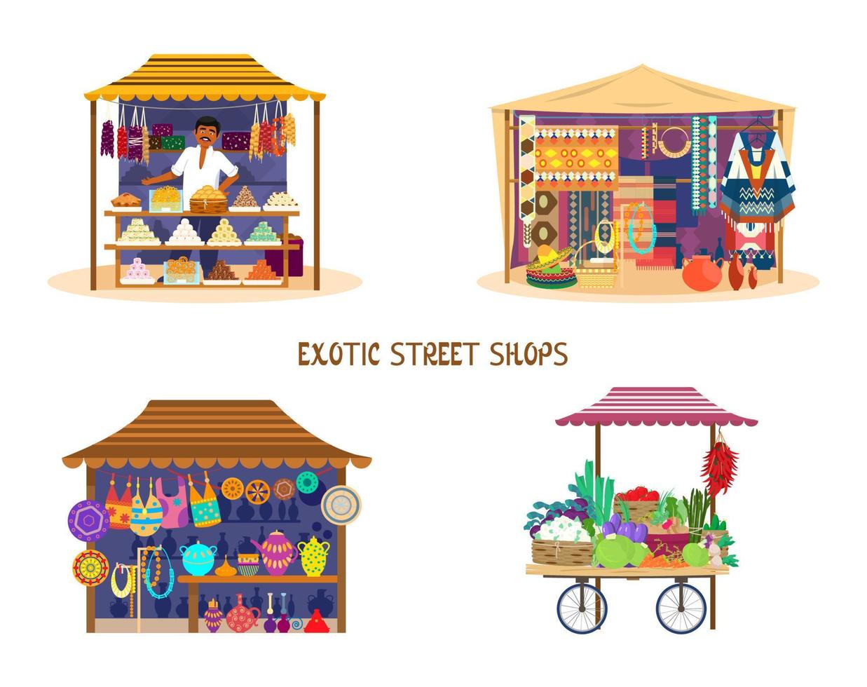 set van exotische straatwinkels in platte cartoonstijl. Aziatische markt ingesteld. groentekar, snoepwinkel met koopman, stoffen- en tapijtwinkel, mexicaanse souvenirs. beurs. plat ontwerp. vector