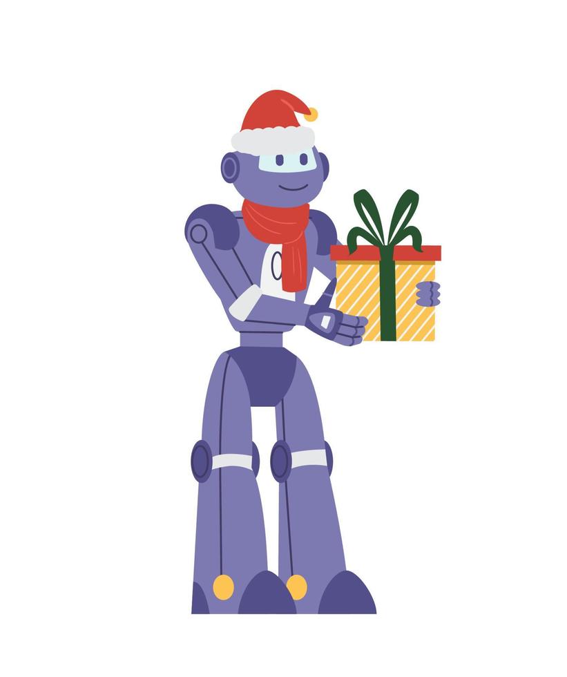 lachende robot in kerstmuts met kerst geschenkdoos platte vectorillustratie. geïsoleerd op wit. vector