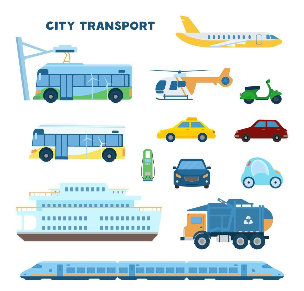 moderne stadsvervoerset. electro bus, auto, trein, vuilniswagen, vlakte, helikopter, scooter, taxi, auto front, boot, laadstation. platte vectorillustratie. vector