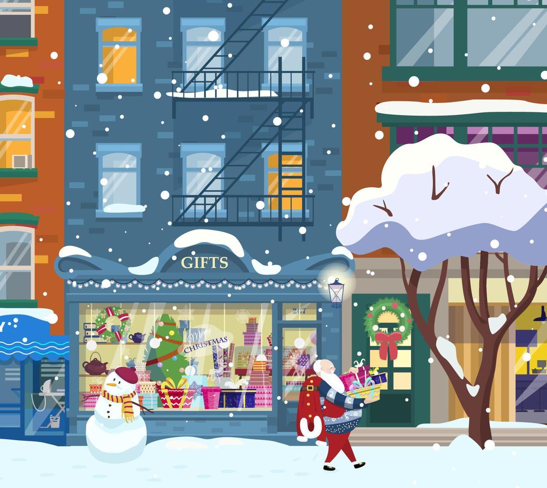 winter stadsgezicht met winkels en kerstman wandelen met cadeautjes. cadeauwinkel vitrine. winkel buitenkant. kerst stadsnacht. platte tekenfilm. vector