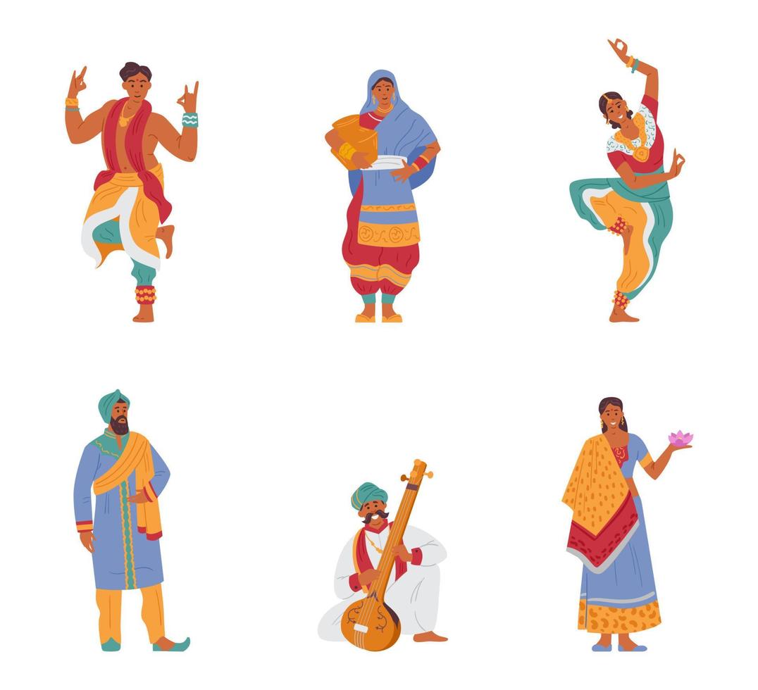 vector set van Indiase karakters mannen en vrouwen in traditionele outfits. geïsoleerd op wit.