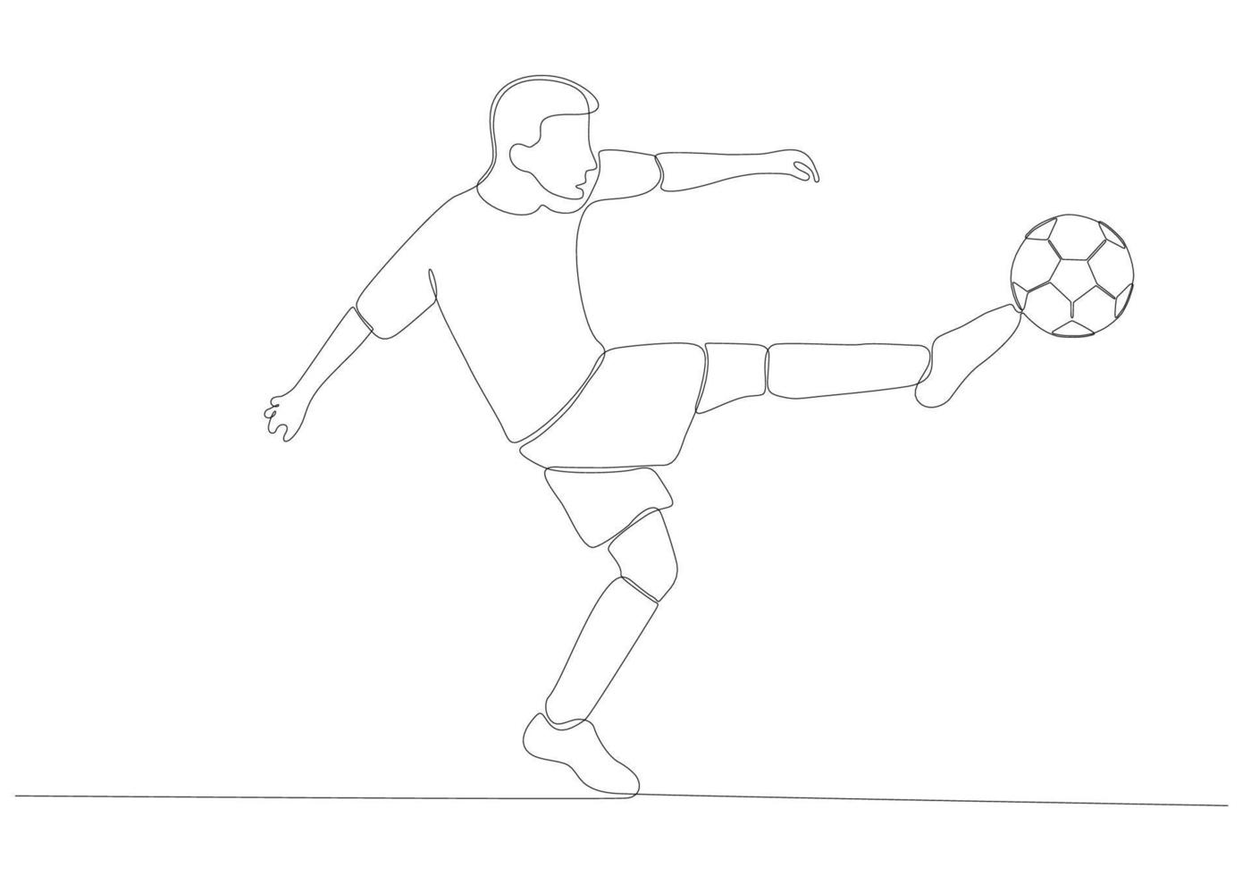 doorlopende lijntekening van mannelijke voetballer die de bal schopt. enkele lijn kunst van jonge vrouwelijke voetballer dribbelen en jongleren met de bal. vector illustratie