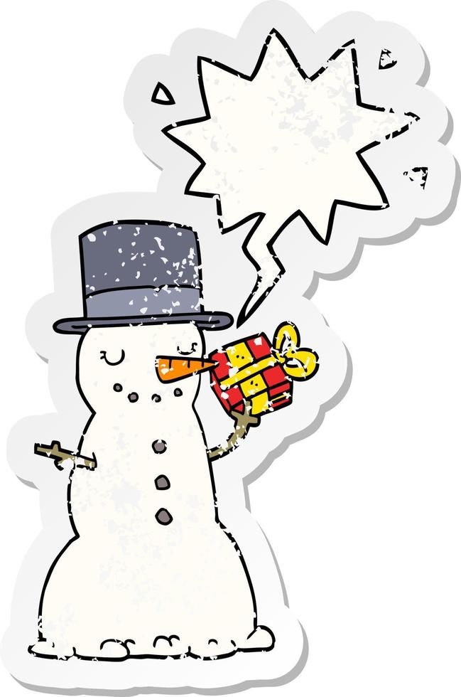 cartoon kerst sneeuwpop en toespraak bubble noodlijdende sticker vector