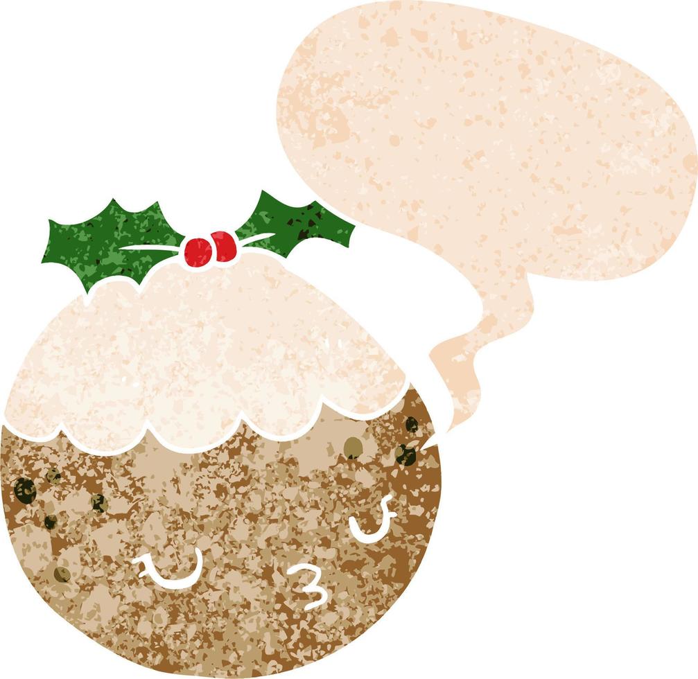 schattige cartoon kerstpudding en tekstballon in retro getextureerde stijl vector