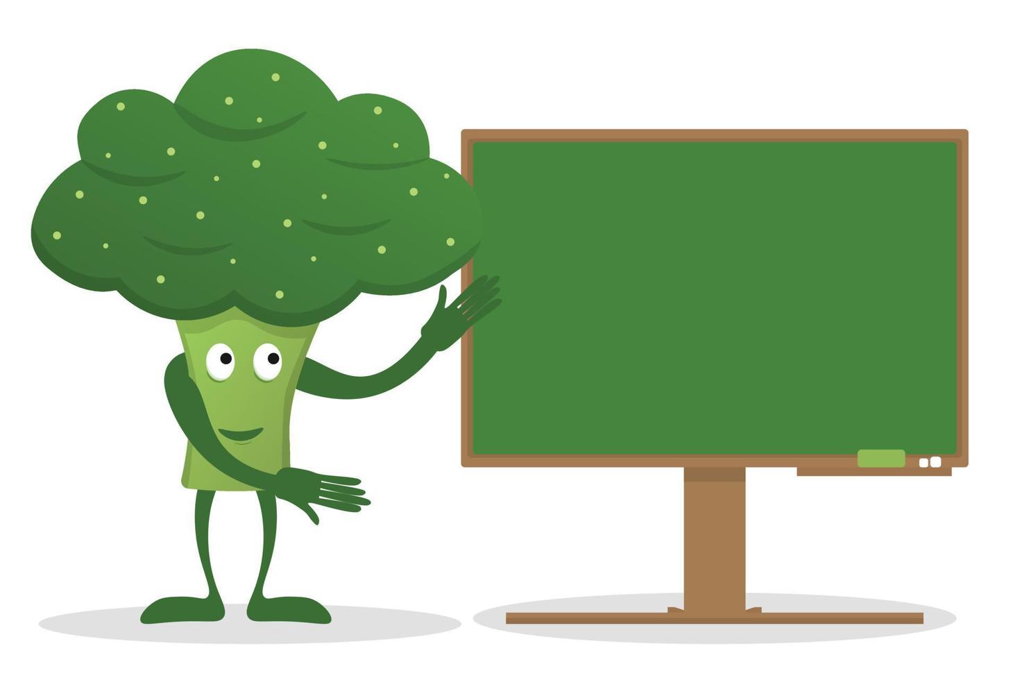 schattige groene broccoli stripfiguur met een groen bord. vector illustratie