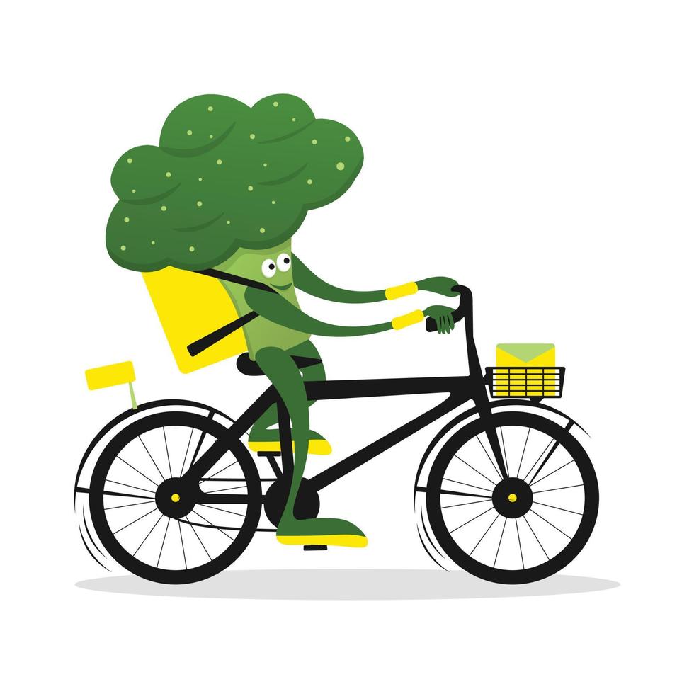 bezorgservice samenstelling met schattige groene broccoli koerier biker stripfiguur. koolkoerier op fiets of scooter. vector illustratie