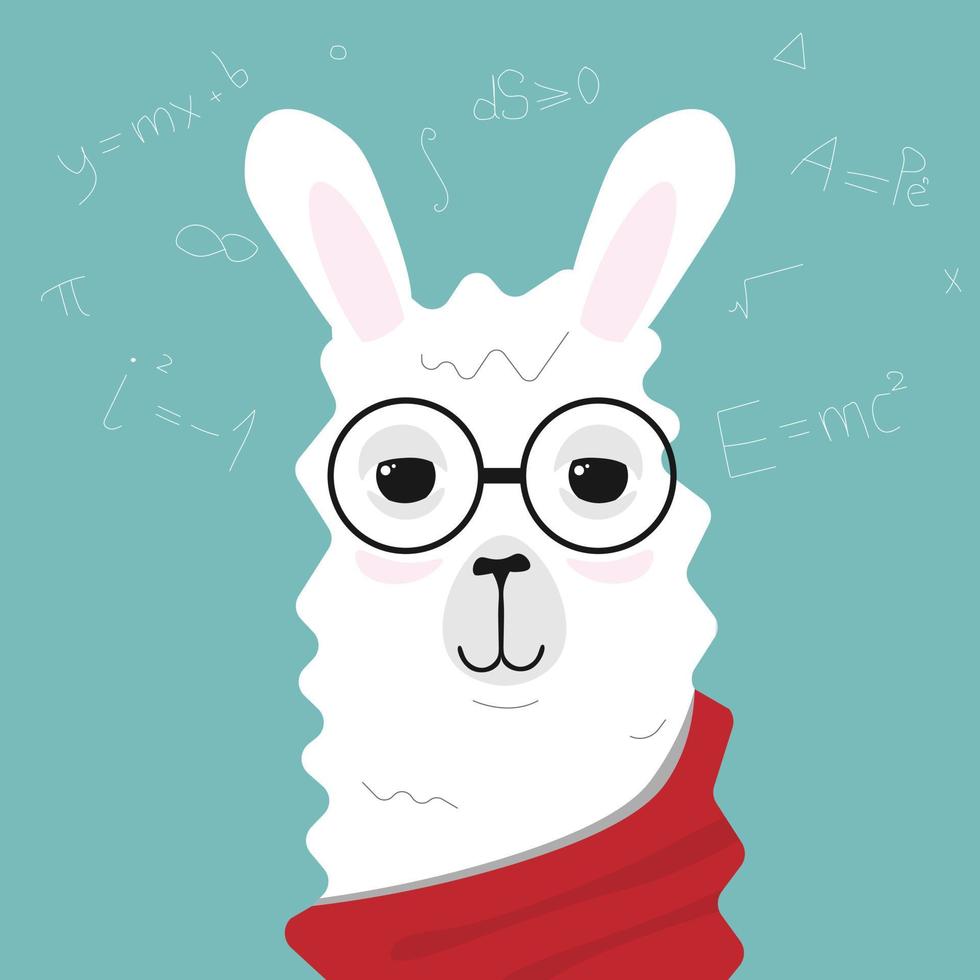 lama of alpaca wiskundige met een bril. wiskundige symbolen op de achtergrond. vectorillustratie van nationale wiskundedag 22 december vector