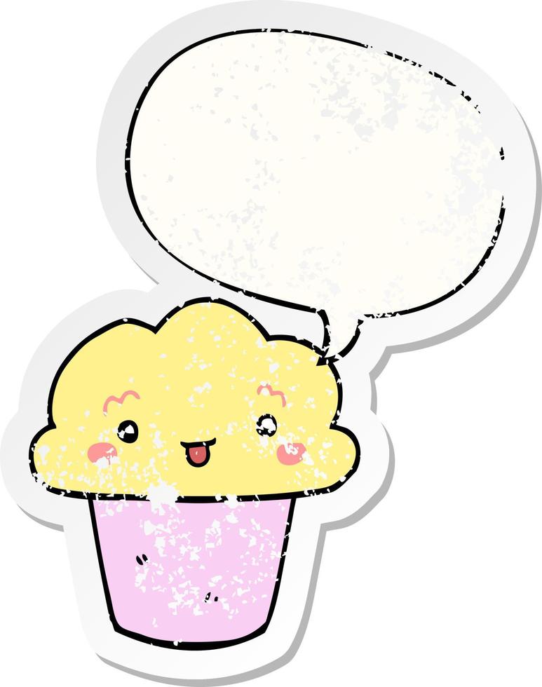 cartoon cupcake en gezicht en tekstballon verontruste sticker vector