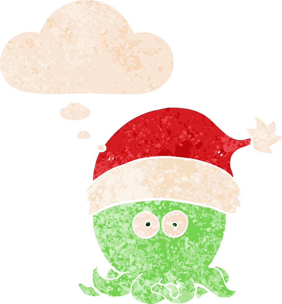 cartoon octopus met kerstmuts en gedachte bel in retro getextureerde stijl vector
