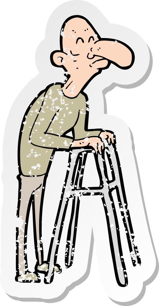 retro noodlijdende sticker van een cartoon oude man met rollator vector