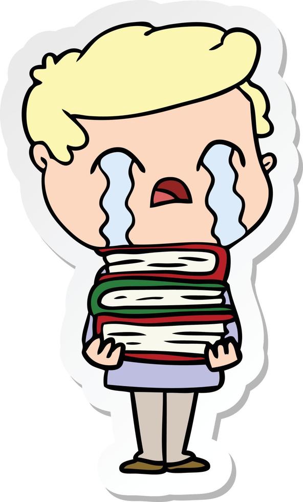 sticker van een tekenfilmman die huilt om een stapel boeken vector