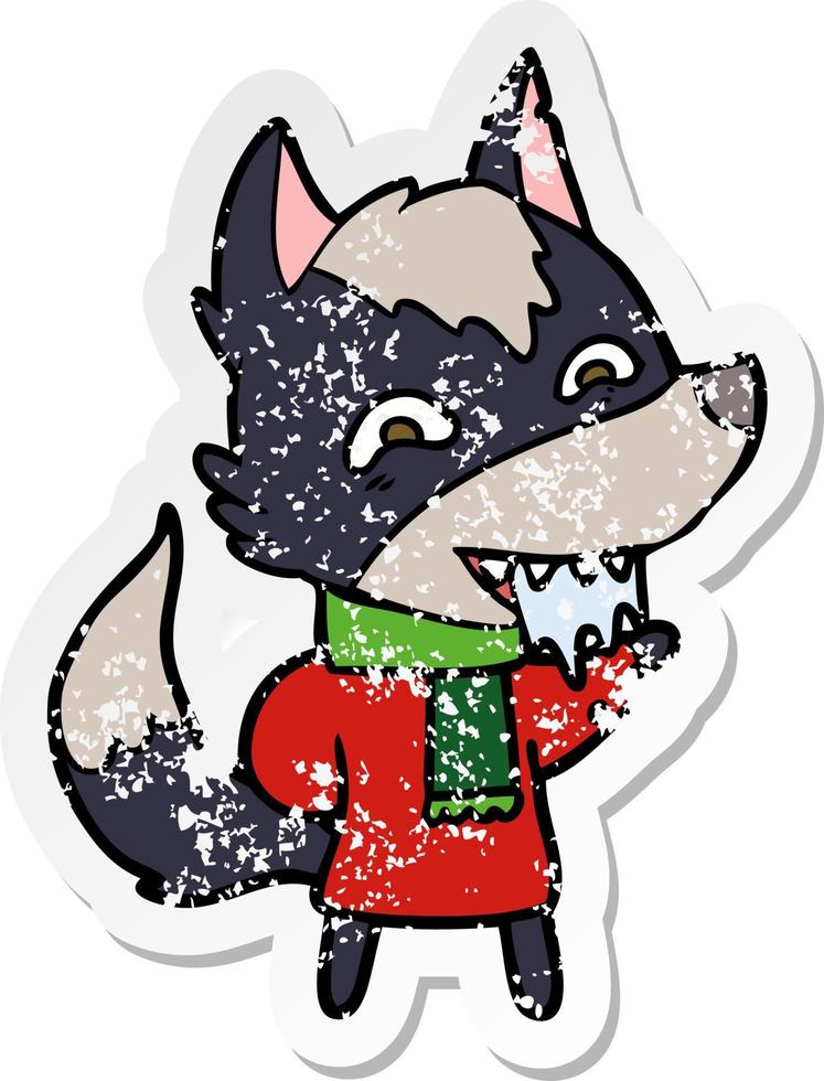 verontruste sticker van een cartoon hongerige wolf in winterkleren vector