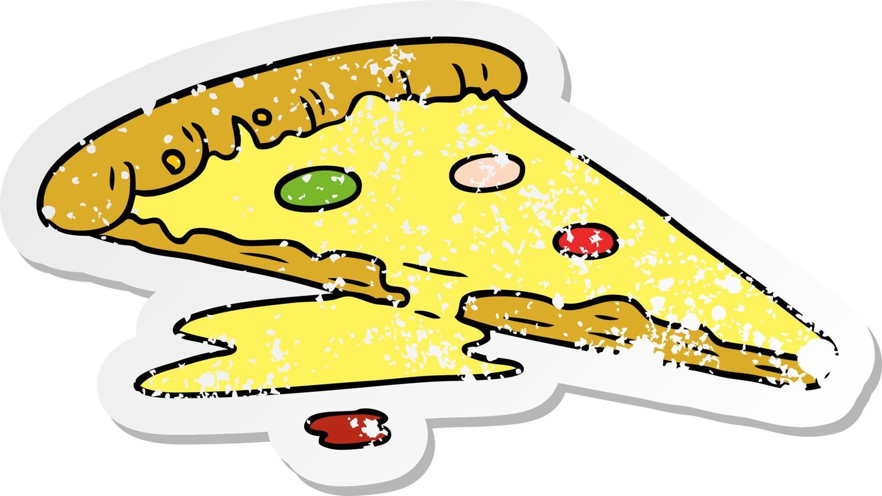 verontruste sticker cartoon doodle van een stuk pizza vector