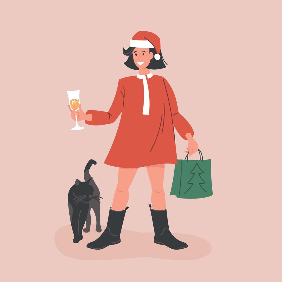 meisje met een cadeau en een glas champagne. nieuwjaarsviering. vector afbeelding.