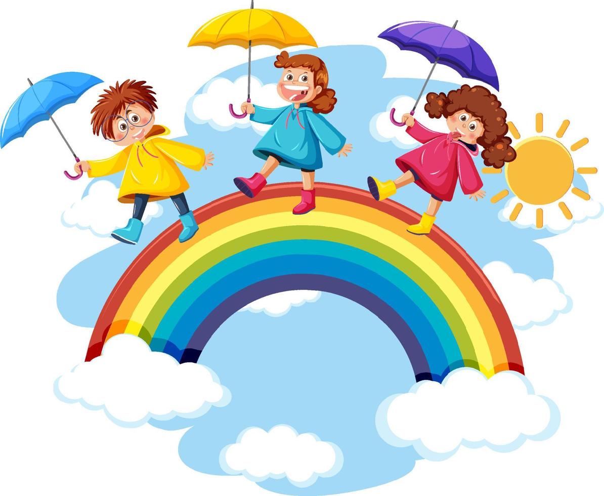 drie kinderen lopen op regenboog in de lucht vector