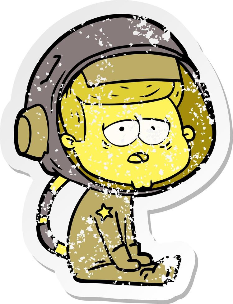 verontruste sticker van een cartoon vermoeide astronaut vector