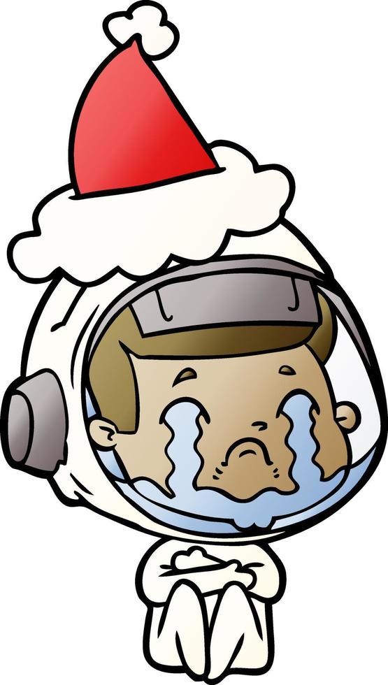 gradiëntcartoon van een huilende astronaut met een kerstmuts vector