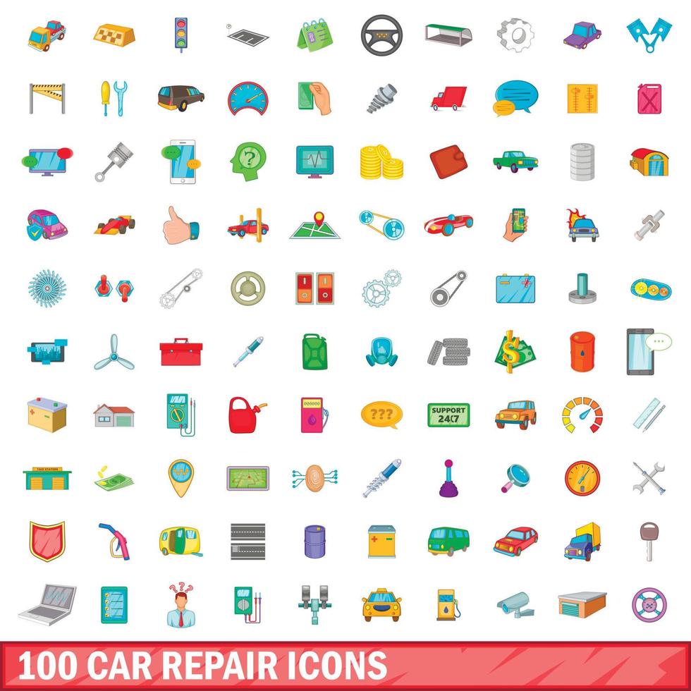 100 auto reparatie iconen set, cartoon stijl vector