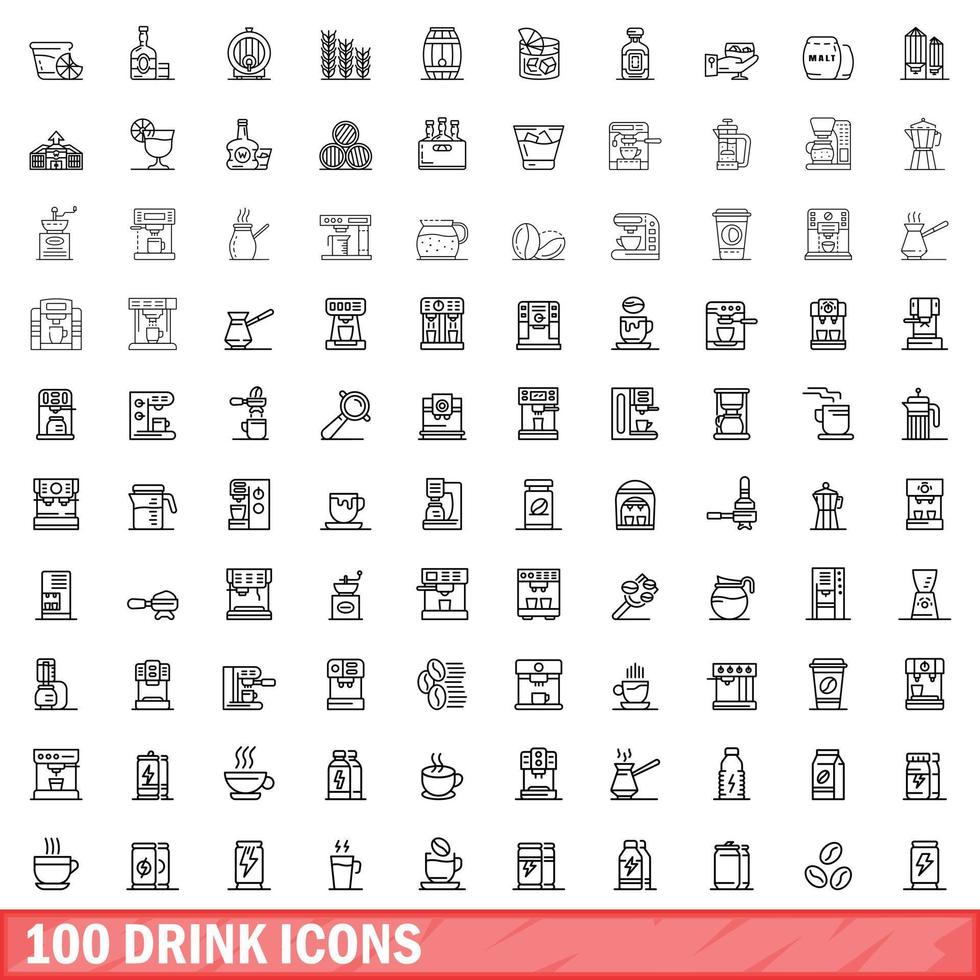 100 drank iconen set, Kaderstijl vector