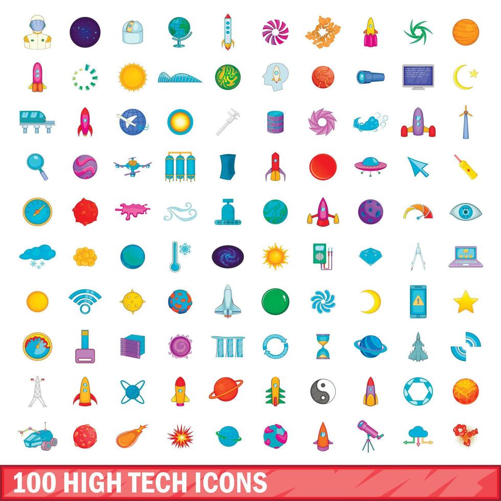 100 high-tech iconen set, cartoon stijl vector