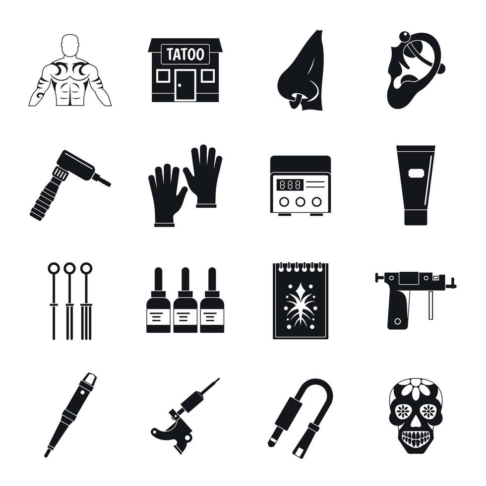 tattoo salon iconen set, eenvoudige stijl vector