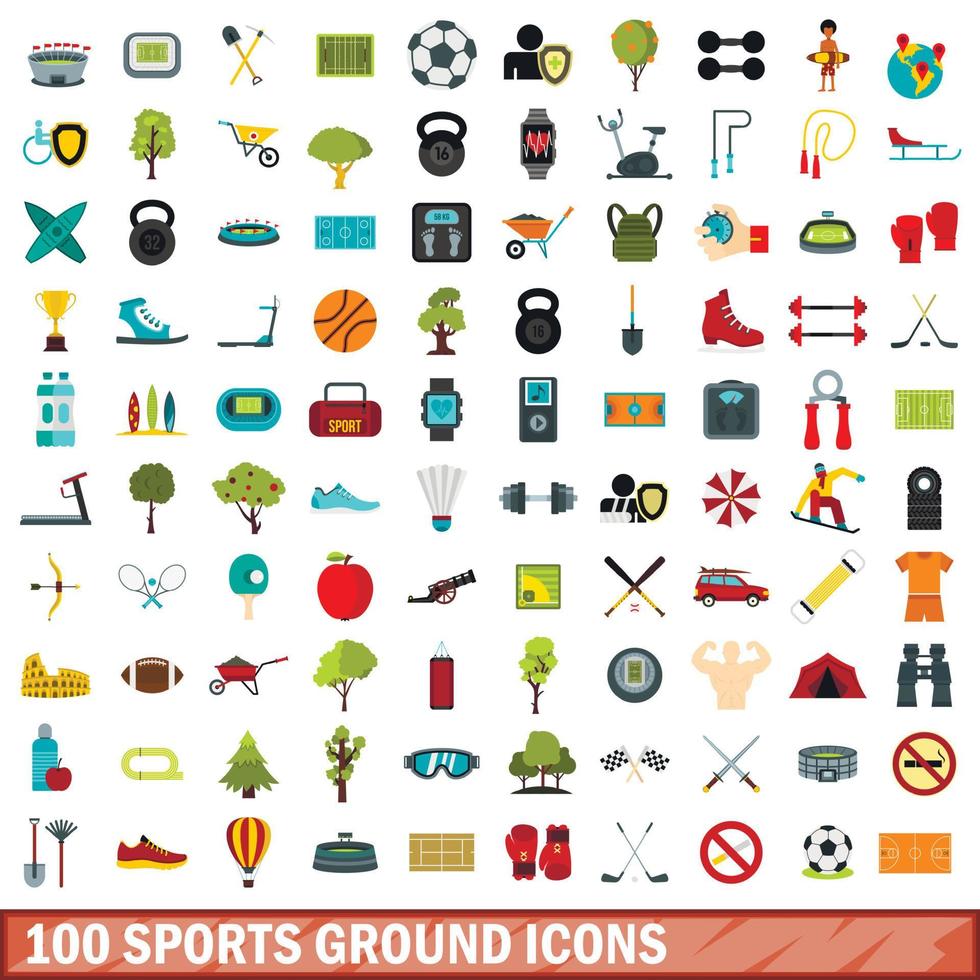 100 sportveld iconen set, vlakke stijl vector